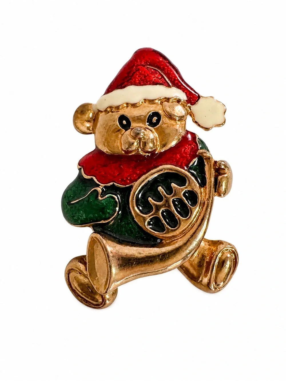 Vintage Christmas Teddy Bear French Horn Brooch Gold Tone Enamel Santa Hat Pin